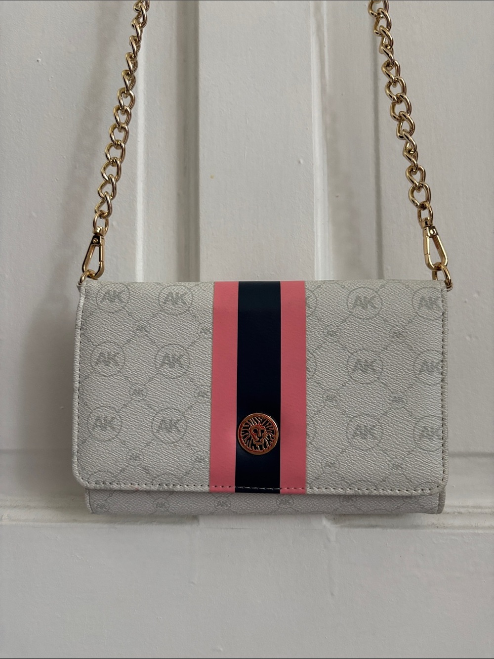 Anne Klein Cream Crossbody Wallet with Pink and Navy Stripe and Gold Chain